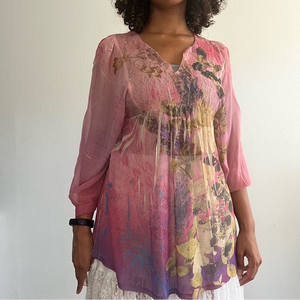 Pink floral print shirt with long sleeves and V-neck